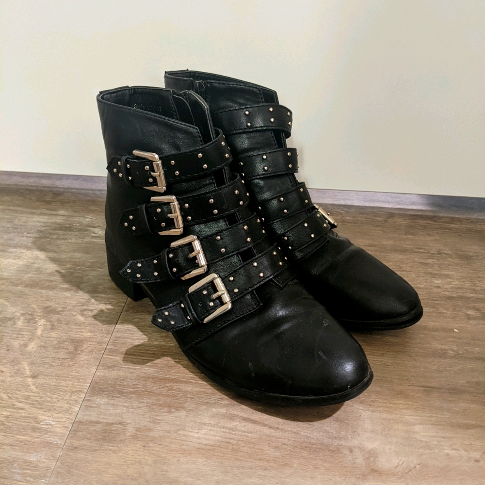 Black Buckle Leather Booties